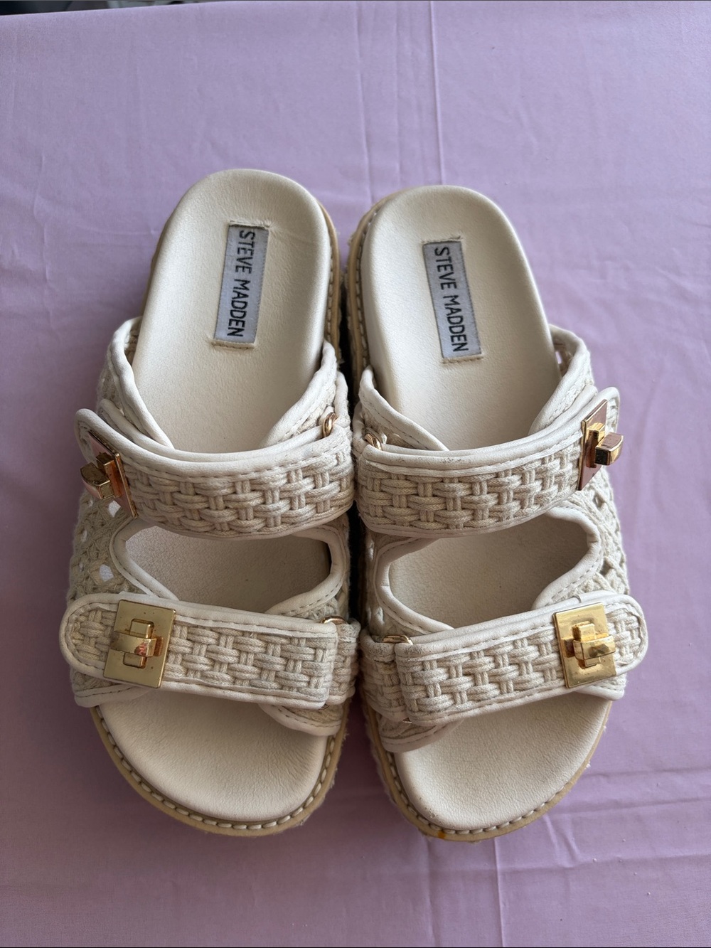 Steve Madden Cream Woven Double-Strap Slide Sandals with Gold Buckles 8